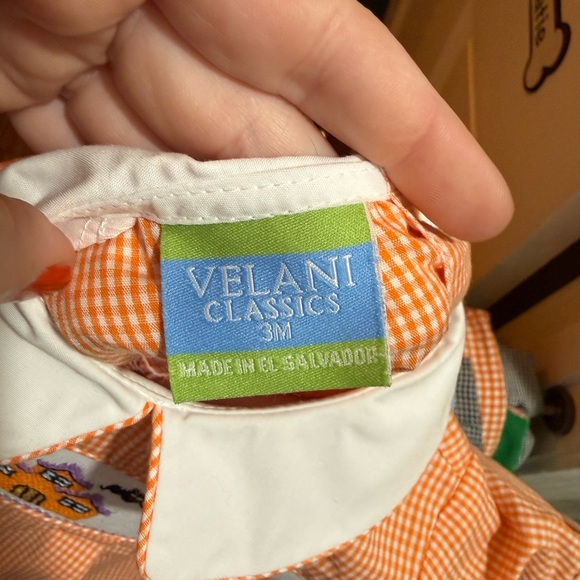 3 Month Smocked Halloween Bubble One Piece Outfit Orange Collar Gingham - Picture 2 of 2